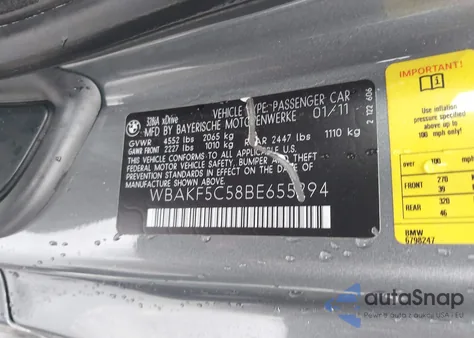 2011 BMW 328I xDrive from USA, damaged, VIN WBAKF5C58BE655294